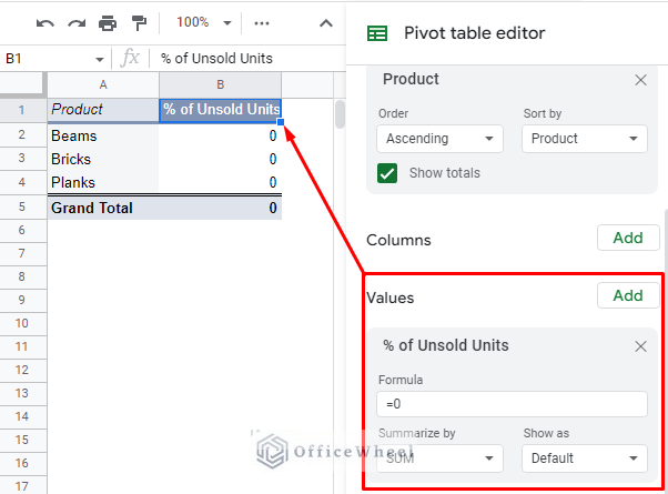 creating a calculated field for % of unsold units in the pivot table